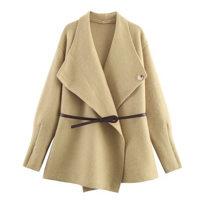 Women's Short Cut Wool Blend Cardigan Coat with Wide Shawl Collar and Narrow Tie Belt EVA-US