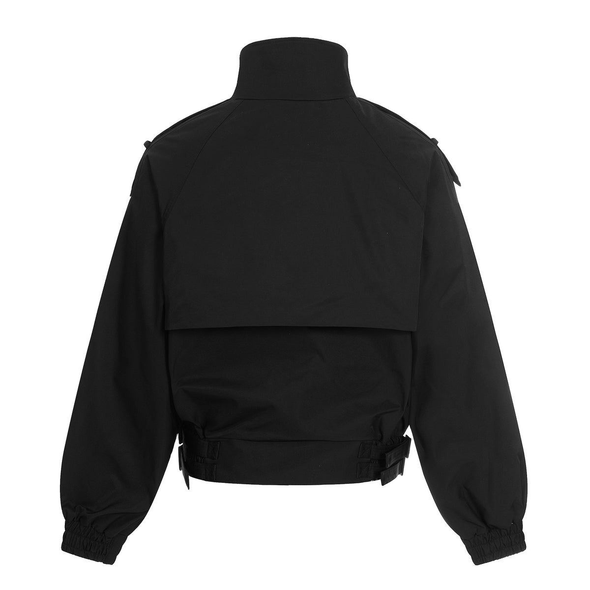 Women's short-cut boxy trench coat with high funnel collar, shoulder flaps, and adjustable waist belt EVA-US