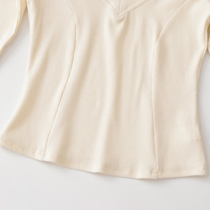 Women's Ribbed Long Sleeve Shirt with V-Neck and Tailored Fit EVA-US