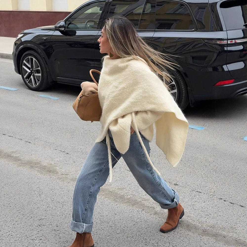 Women Oversize Wool Blend Poncho with Asymmetric Fall and Ties EVA-US