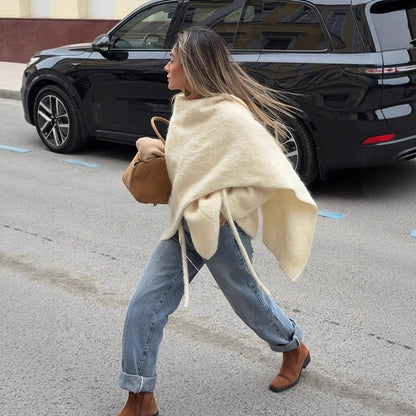 Women Oversize Wool Blend Poncho with Asymmetric Fall and Ties EVA-US