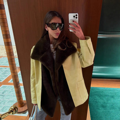 Women Elegant Oversize Coat made of Suede Look with Voluminous Faux Fur Shawl Collar EVA-US
