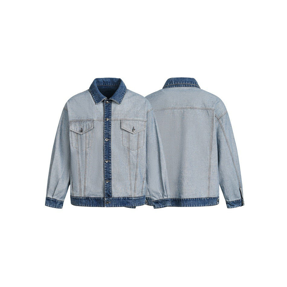 Unisex Oversize Jeans Jacket in Boxy Cut with Contrast Trim and Chest Flaps EVA-US