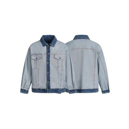 Unisex Oversize Jeans Jacket in Boxy Cut with Contrast Trim and Chest Flaps EVA-US