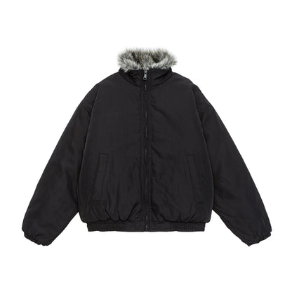 Women's oversized padded bomber jacket with elastic hem and faux fur trim EVA-US