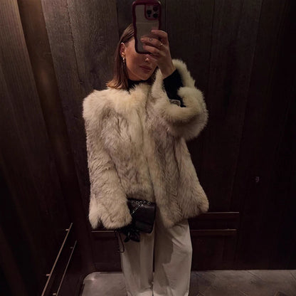 Women's Boxy Faux Fur Jacket with Textured Shag Look and Voluminous Shawl Collar EVA-US