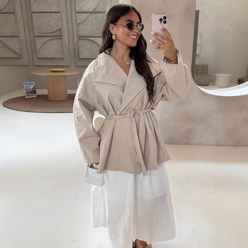 Women's wrap short jacket with tie belt, dropped shoulder and boxy silhouette EVA-US
