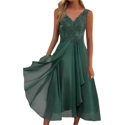 Women's elegant evening midi dress with embroidered lace bodice, tailored draping, and flowing layered skirt