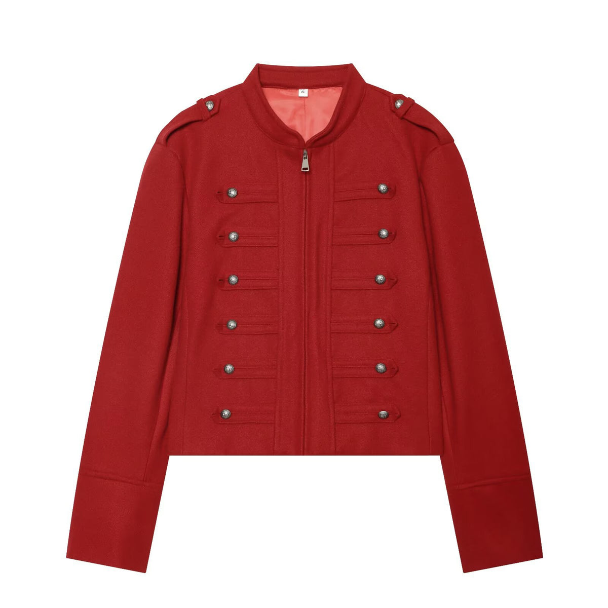 Women's Short Jacket Military-inspired Wool Blend Cropped Jacket with Stand Collar, Epaulettes and Decorative Button Placket EVA-US