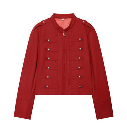 Women's Short Jacket Military-inspired Wool Blend Cropped Jacket with Stand Collar, Epaulettes and Decorative Button Placket EVA-US
