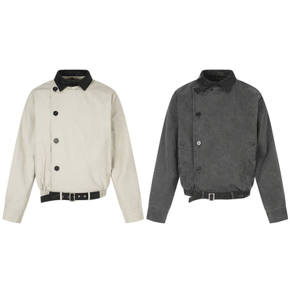 Men's short-cut boxy blouson with asymmetrical button placket, waist belt, and contrast collar EVA-US
