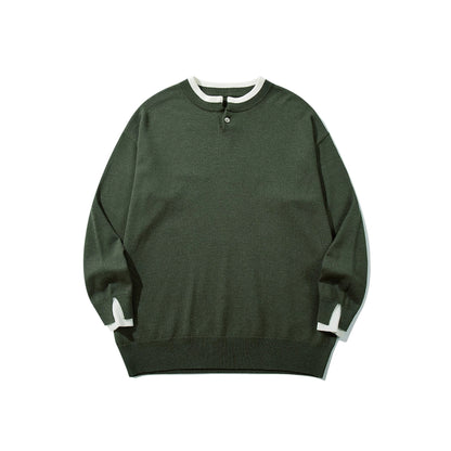 Unisex Oversize knit pullover with short Henley button placket and thumb hole cuffs EVA-US