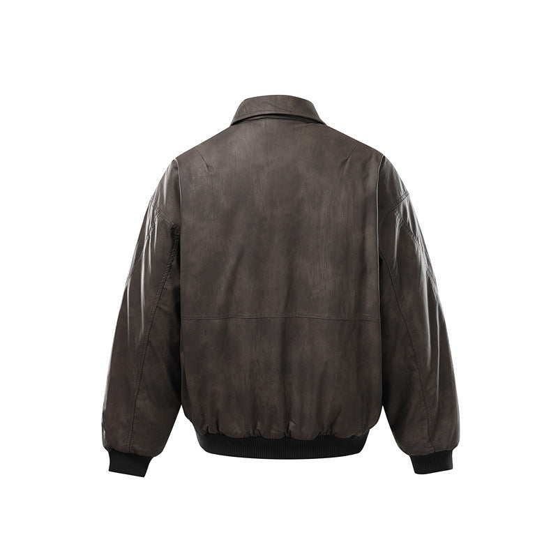 Men's Short Boxy Vintage Leather Look Blouson with Ribbed Cuffs and Large Flap Pockets EVA-US