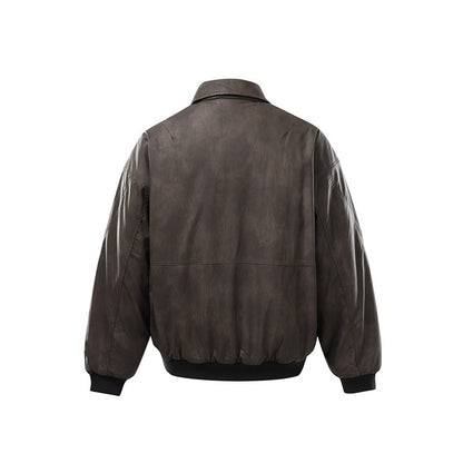 Men's Short Boxy Vintage Leather Look Blouson with Ribbed Cuffs and Large Flap Pockets EVA-US