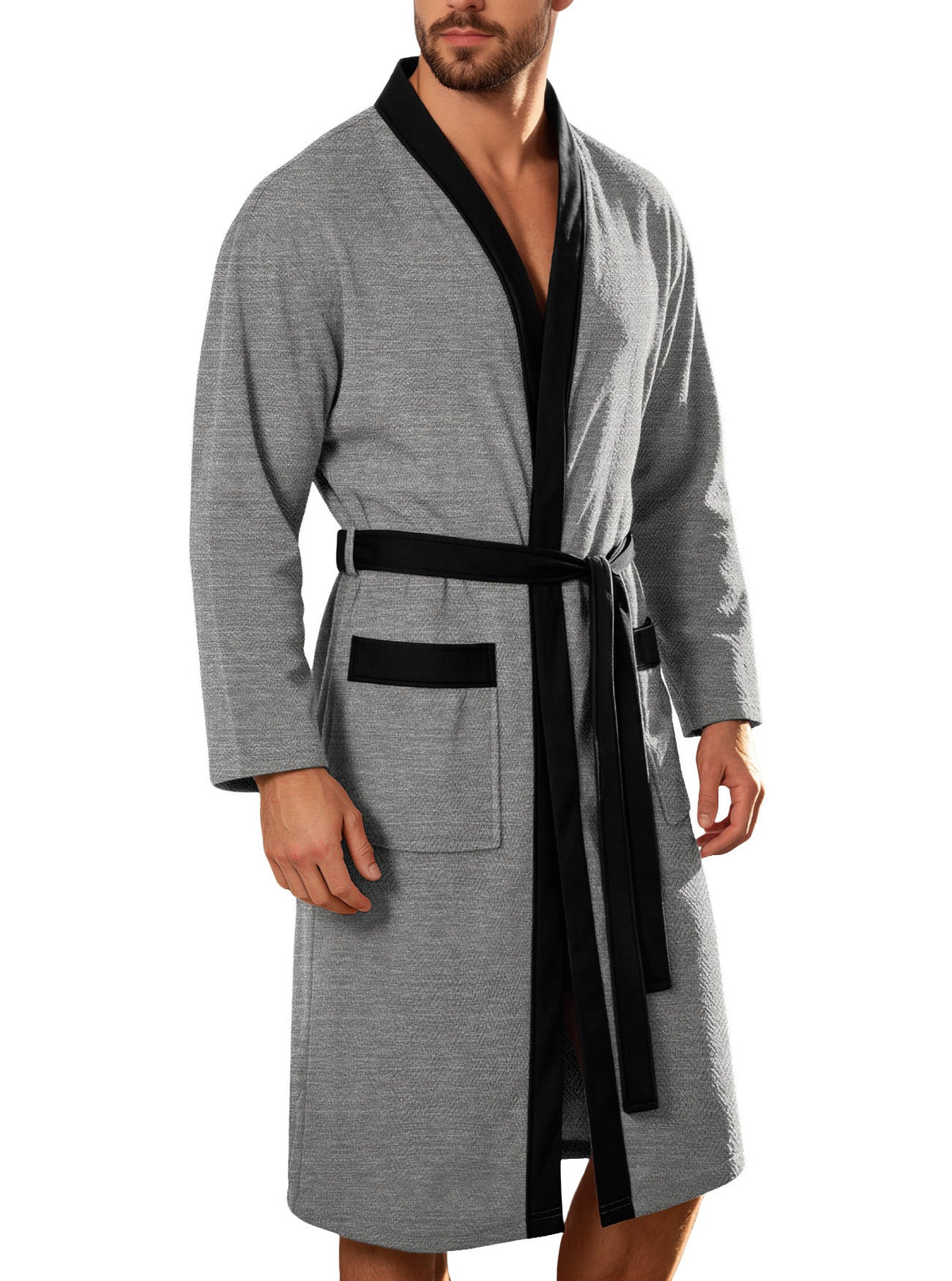Men's lightweight cotton kimono bathrobe with waffle texture and patch pockets EVA-US