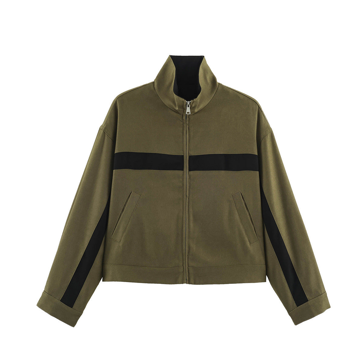 Ladies Cropped Track Jacket with Stand-up Collar, Zipper and Side Contrast Stripes EVA-US