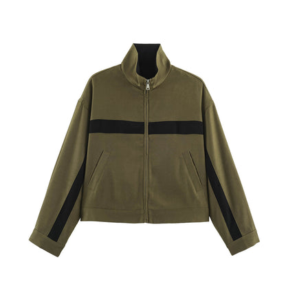 Ladies Cropped Track Jacket with Stand-up Collar, Zipper and Side Contrast Stripes EVA-US