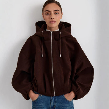 Women’s short jacket made of wool blend with hood, boxy silhouette & gathered hem EVA-US