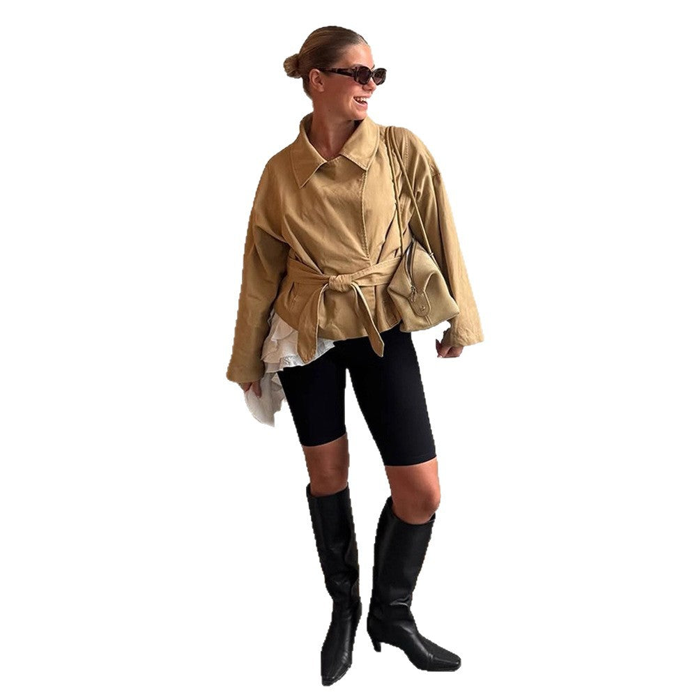 Women's Short Tailored Canvas Jacket with Tied Belt and Dropped Shoulders EVA-US