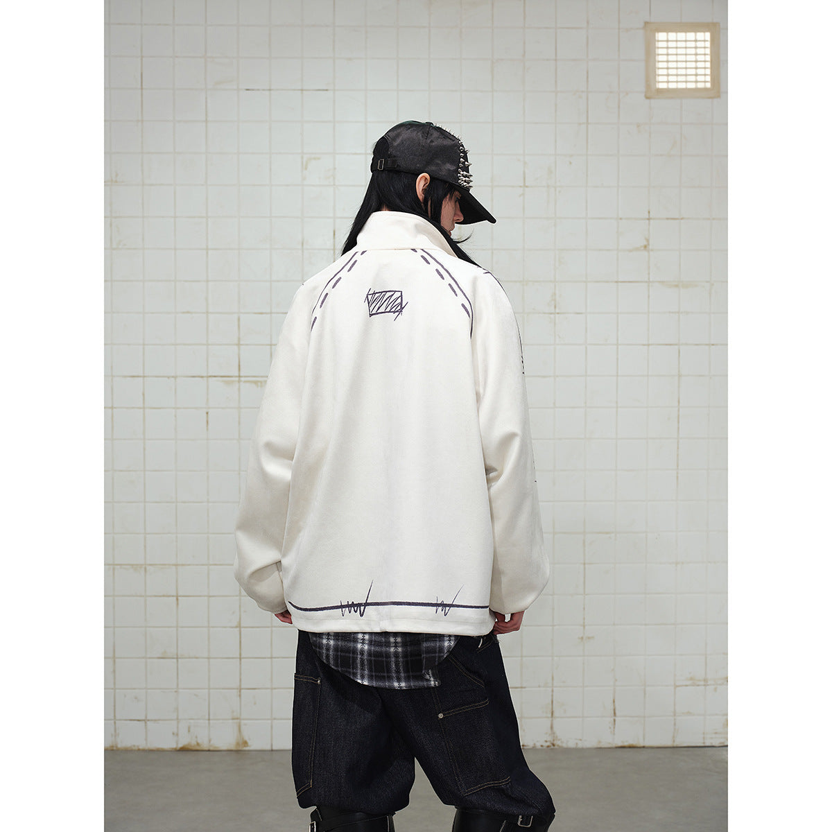 Unisex Oversize Fleece Jacket with Stand-Up Collar and Graphic Sketch Print EVA-US