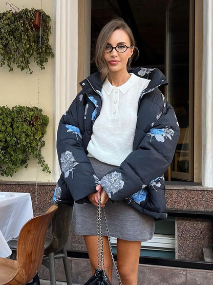 Women Padded Oversized Quilted Jacket with Floral Print and Hood EVA-US
