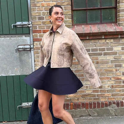 Women's short cut suede jacket in used look with extra long sleeves and two-way zipper EVA-US