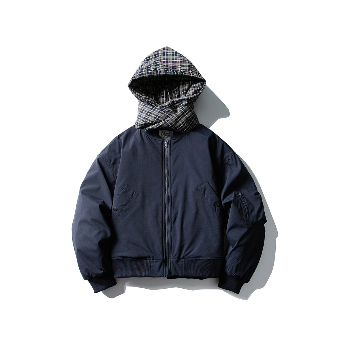 Men's Windproof Bomber Jacket with Quilted Checkered Hood and Integrated Scarf EVA-US
