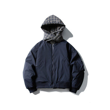 Men's Windproof Bomber Jacket with Quilted Checkered Hood and Integrated Scarf EVA-US