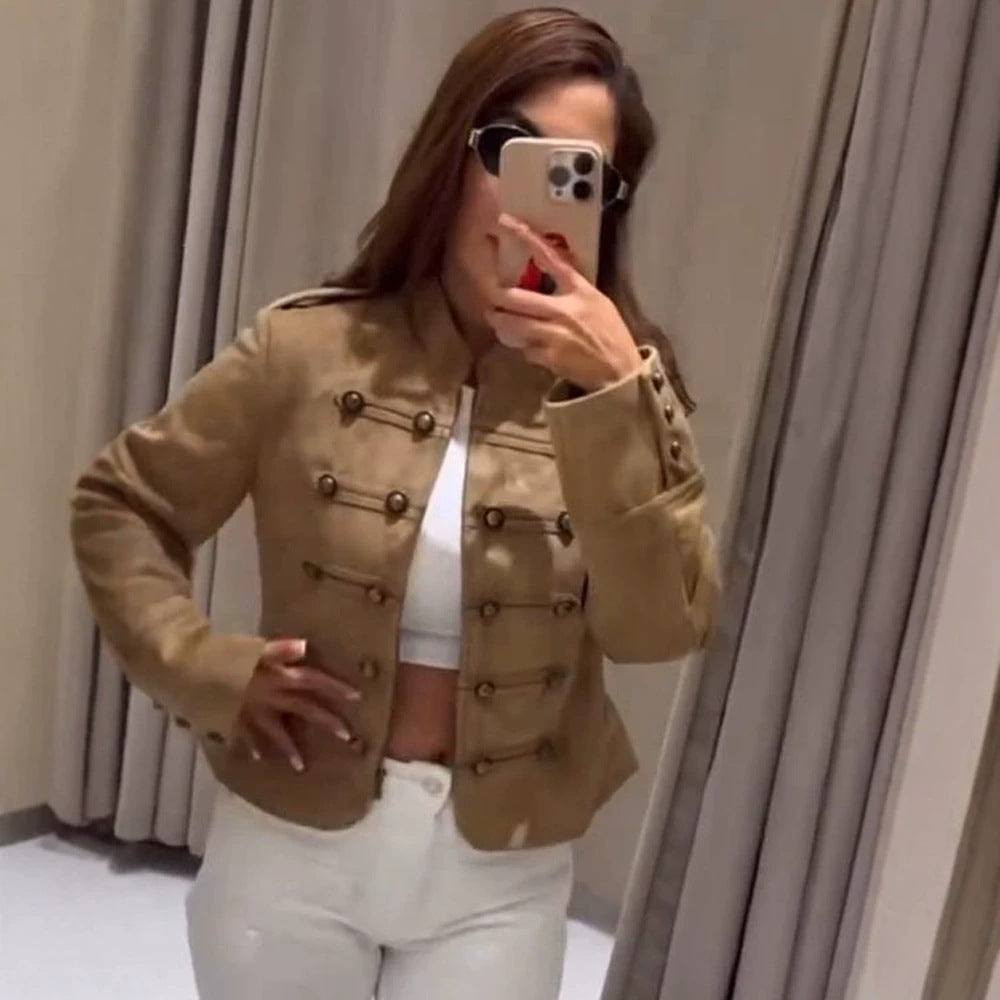 Women's tailored military jacket made of wool blend with stand-up collar and double button placket EVA-US