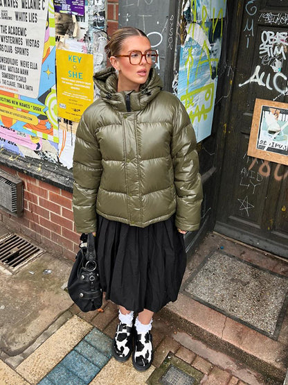 Women's Short Shiny Padded Jacket with Hood and Boxy Silhouette EVA-US