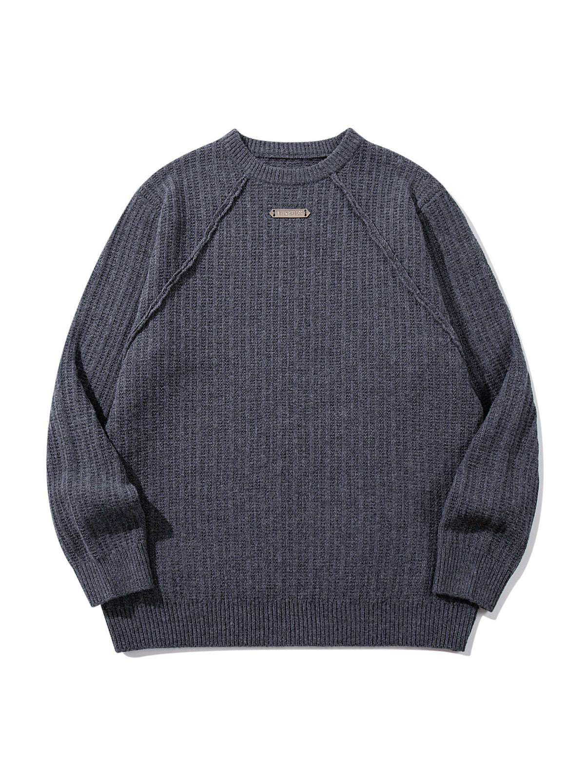 Unisex Structured Waffle Knit Crew Neck Sweater with Raglan Sleeves and Metal Logo EVA-US