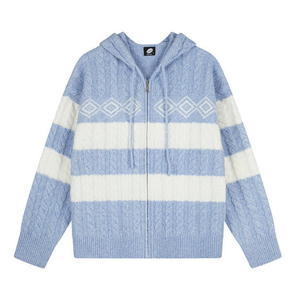 Women's chunky knit hooded cardigan with cable knit, block stripes, and full-length zipper EVA-US