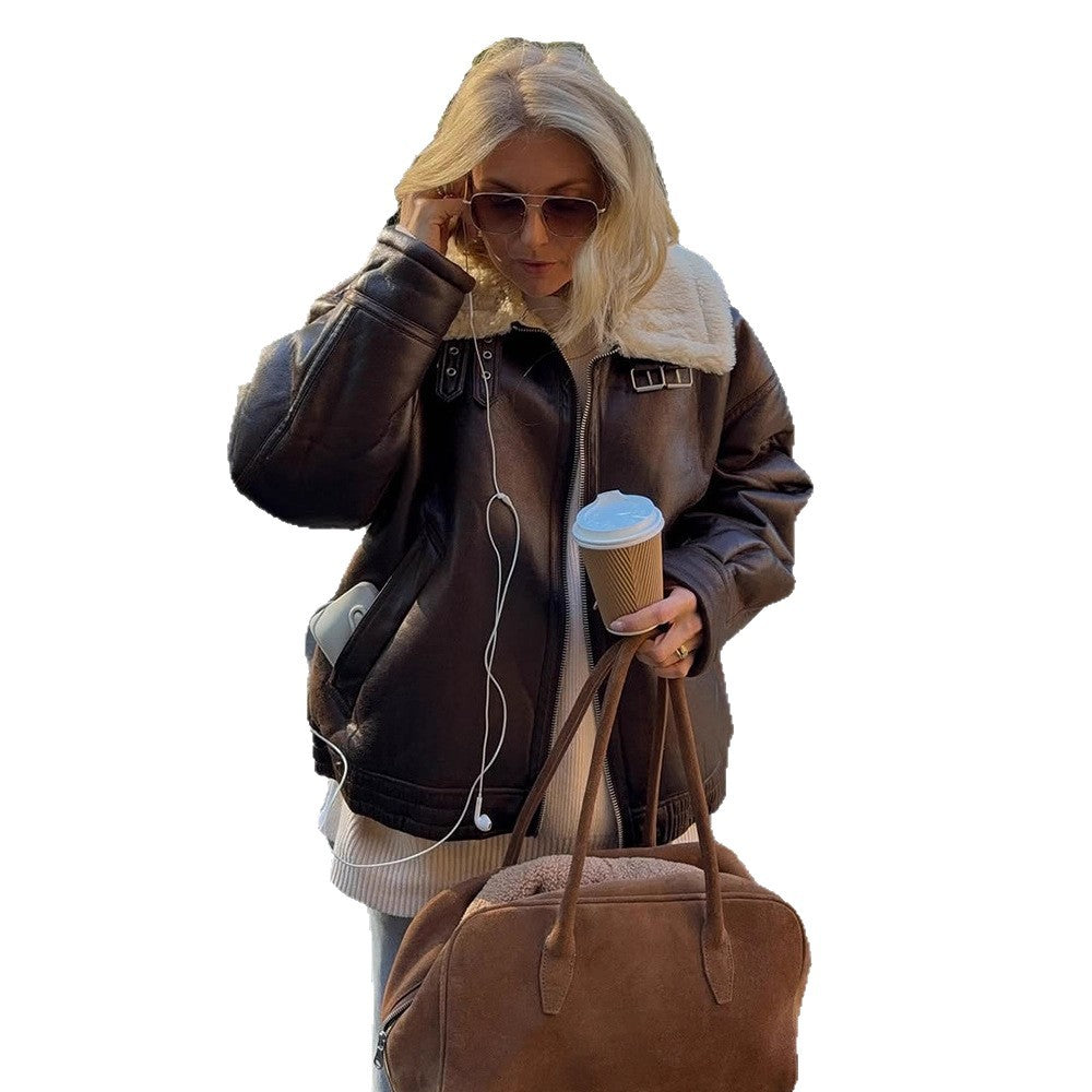 Women's Oversized Flight Jacket made of Faux Leather with Teddy Lining and Wide Cut EVA-US