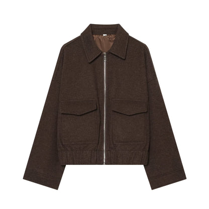 Ladies short jacket made of wool blend with zipper, flap pockets and elastic hem EVA-US