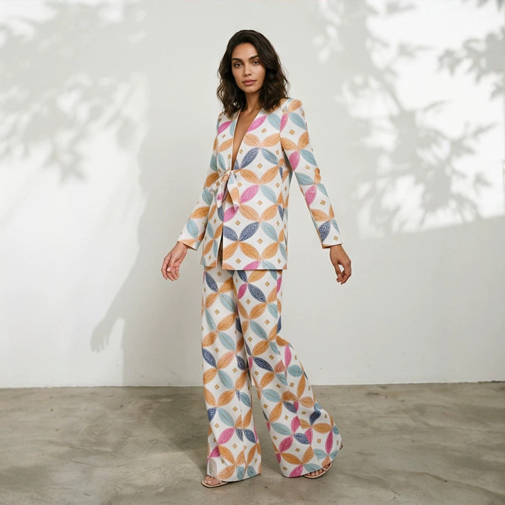 Women's Two-Piece Jacquard Suit with Waist Tie and Wide Leg EVA-US