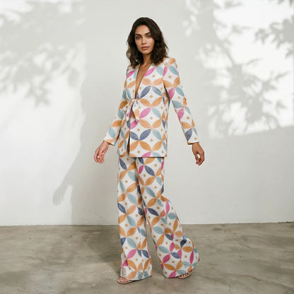 Women's Two-Piece Jacquard Suit with Waist Tie and Wide Leg EVA-US