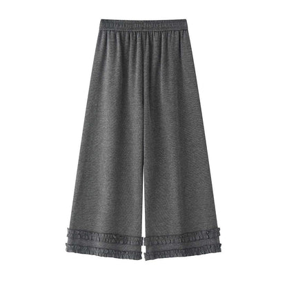 Women Wide Loungewear Pants with Elastic Waistband, Drawstring and Ruffle Detail EVA-US