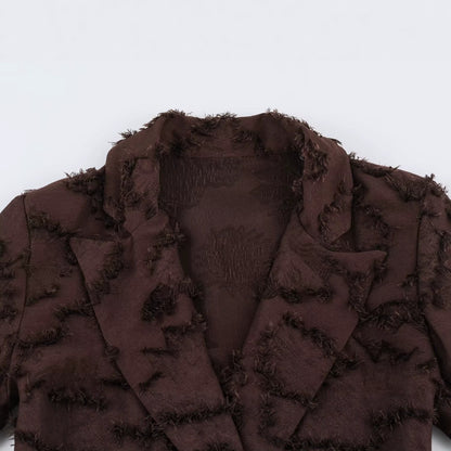 Ladies double-breasted mid-length coat with fringe texture and waist belt EVA-US