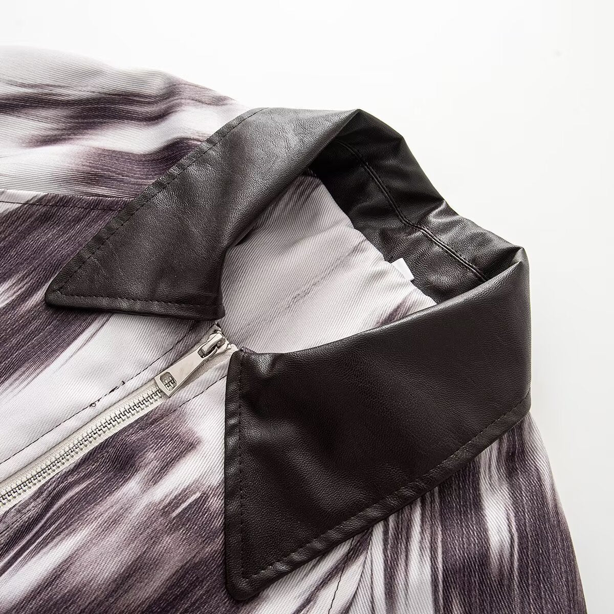 Women's Short Bomber Jacket in Cropped Style with Contrasted Faux Leather Collar and Abstract Print EVA-US
