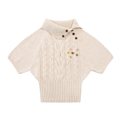Women's Short-Sleeved Cable Knit Sweater Top with Stand Collar and Button Placket EVA-US