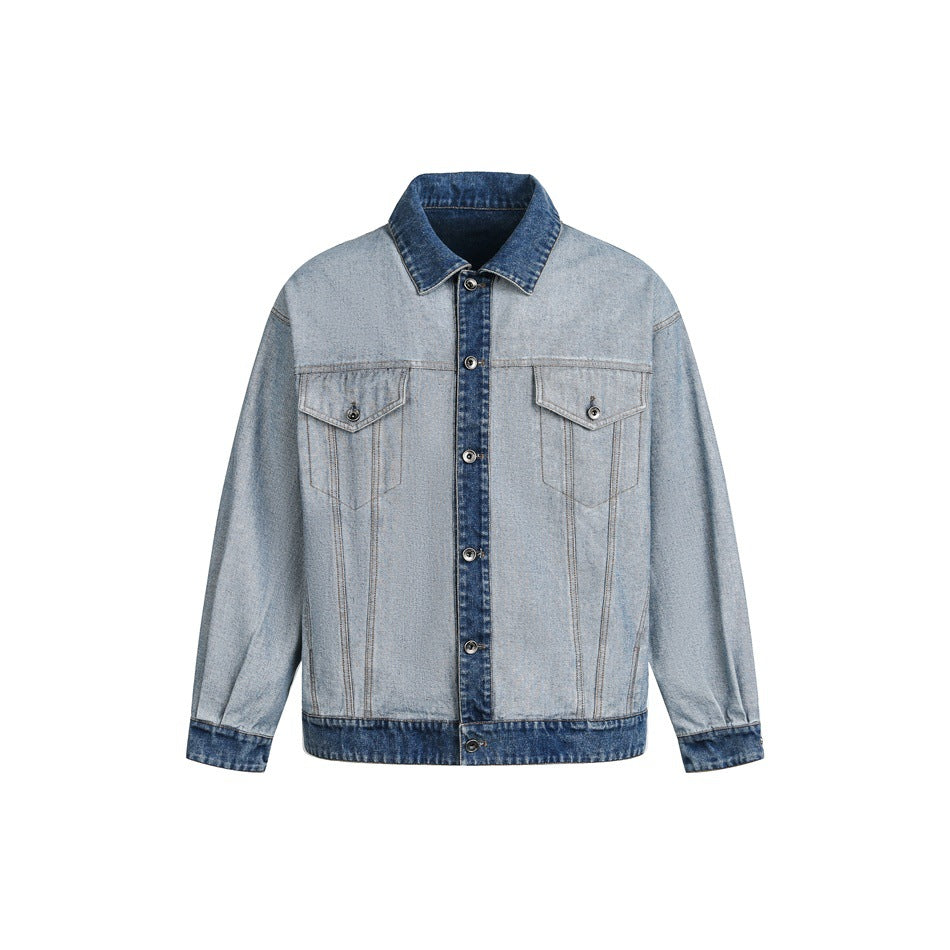 Unisex Oversize Jeans Jacket in Boxy Cut with Contrast Trim and Chest Flaps EVA-US