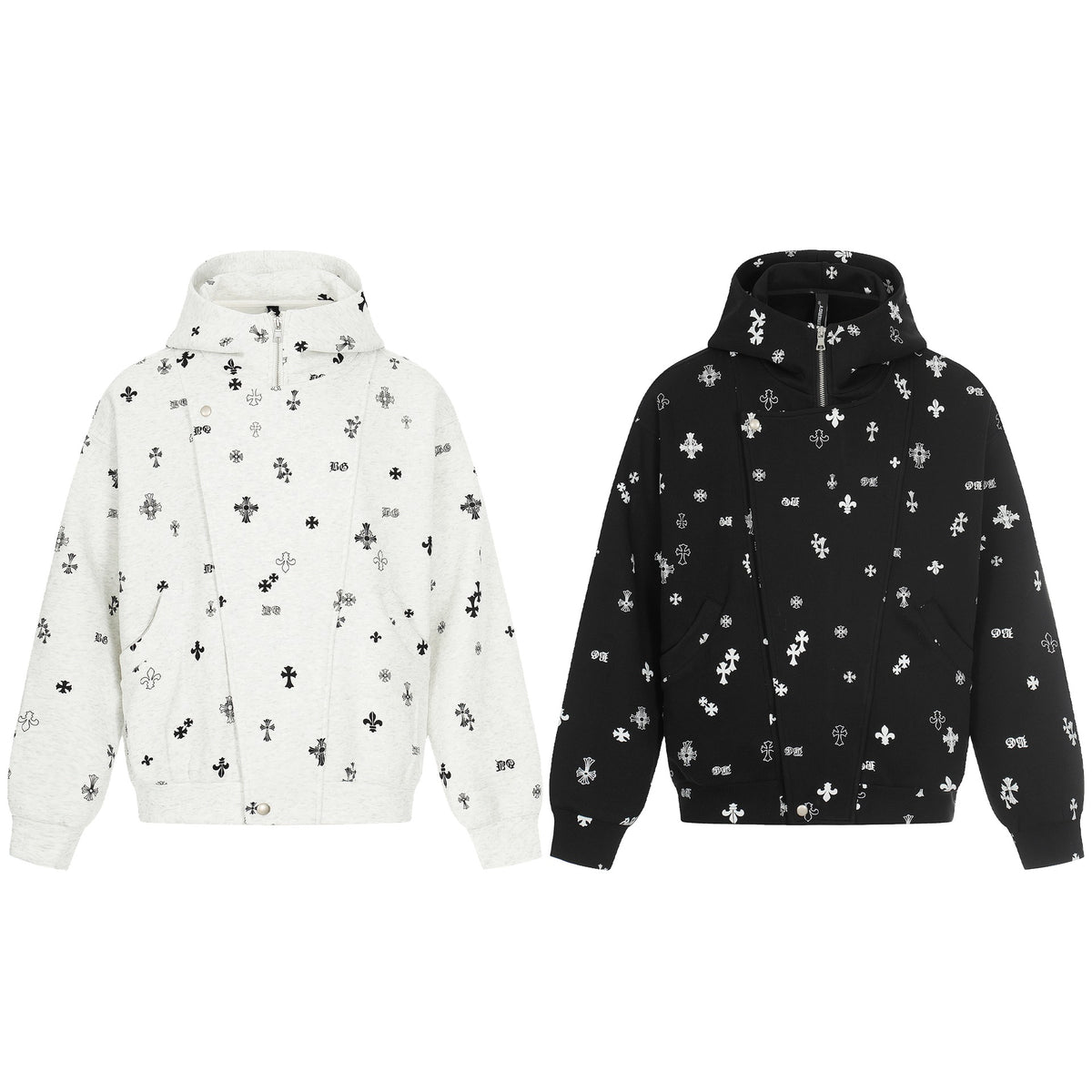 Unisex Boxy Hoodie Jacket with Half Zipper and Allover Print EVA-US