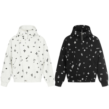 Unisex Boxy Hoodie Jacket with Half Zipper and Allover Print EVA-US