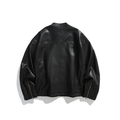Men's leather-look bomber jacket with stand-up collar, angled zip pockets and minimalist seam design EVA-US