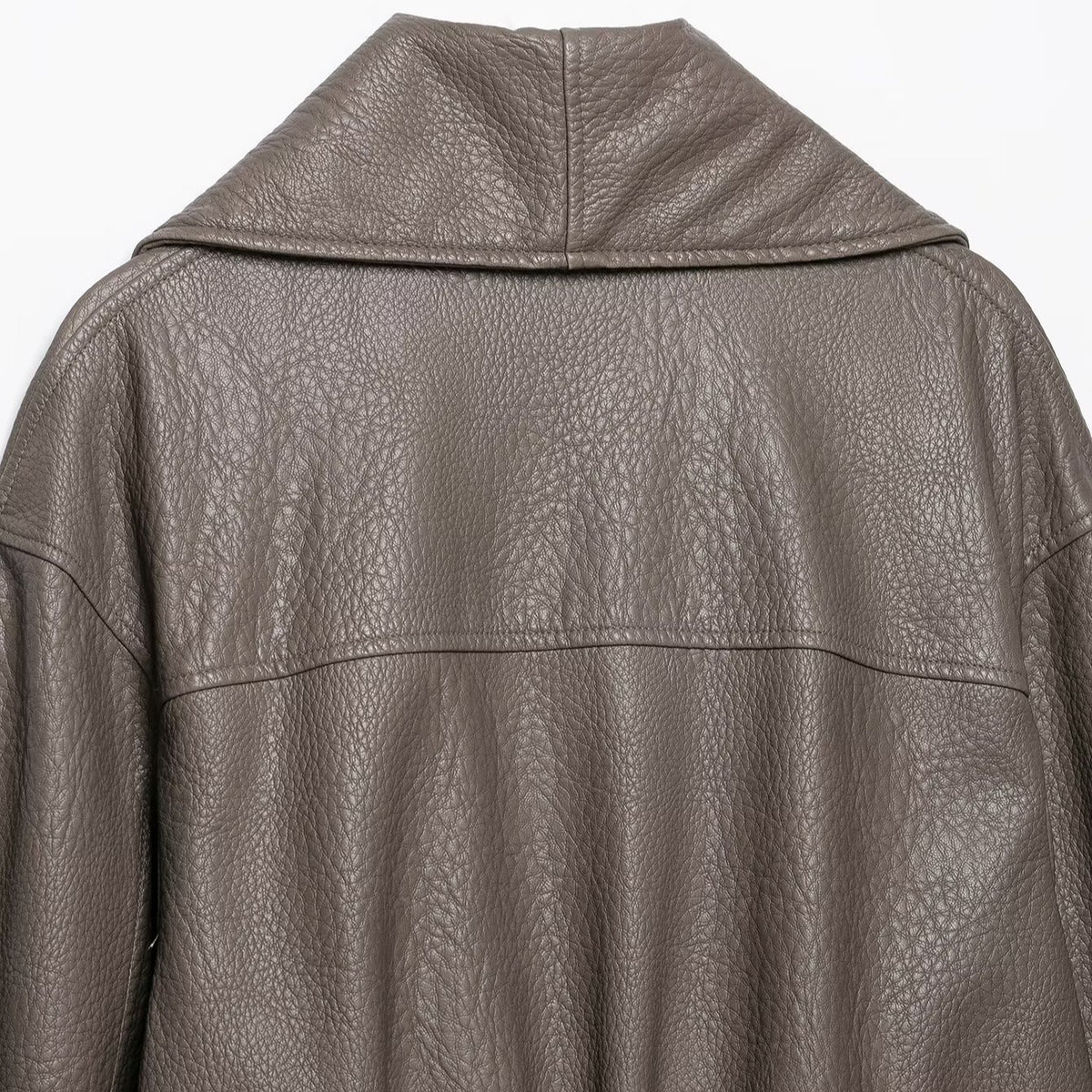 Women's Short Tailored Leather-Look Jacket with Oversized Shawl Collar and Gathered Hem EVA-US