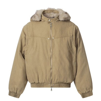 Men's canvas bomber jacket with removable faux fur hood and elastic hem EVA-US
