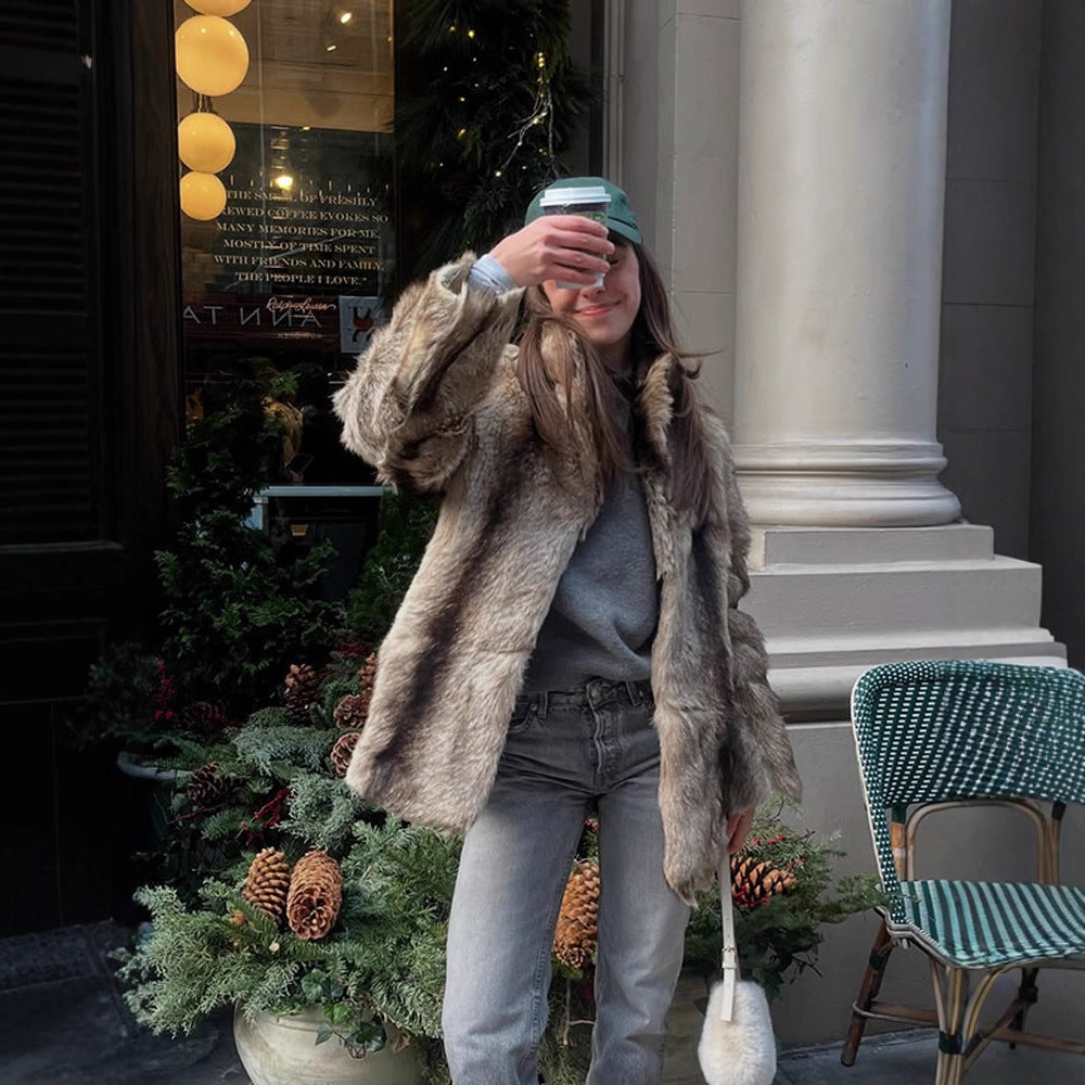 Women Boxy Faux Fur Coat with Luxurious Shawl Collar and Warm Padding EVA-US