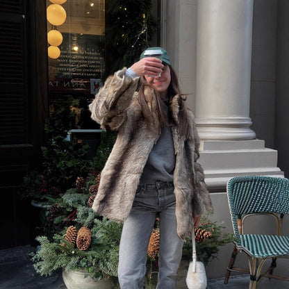 Women Boxy Faux Fur Coat with Luxurious Shawl Collar and Warm Padding EVA-US