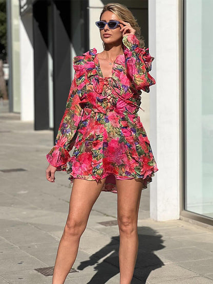 Women's Floral Chiffon Mini Dress with Lace-Up Corset, Ruffles and Flared Sleeves EVA-US