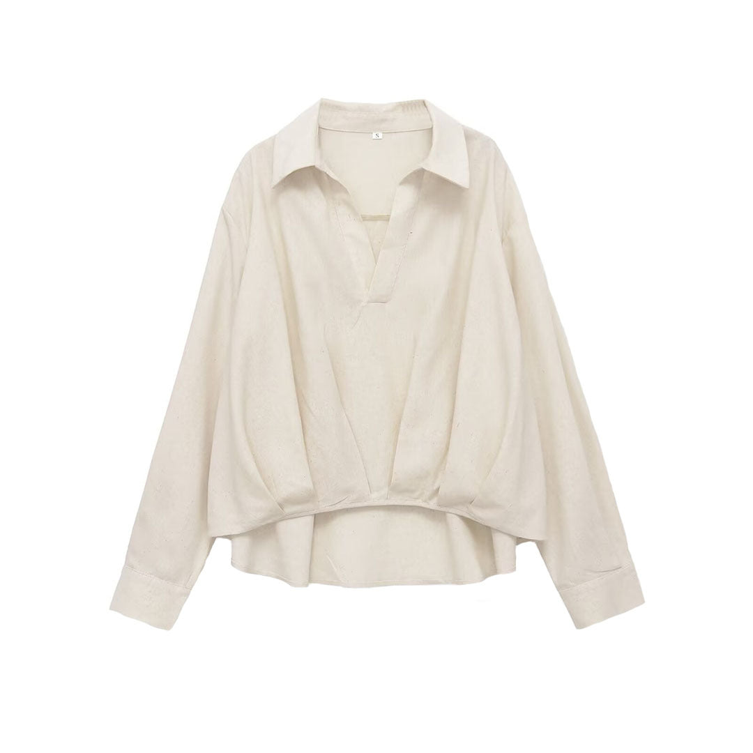 Women's Oversized Linen Blouse with Open V-Neck and Gathered Hem EVA-US